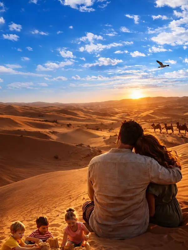 Couple watching sunset in desert