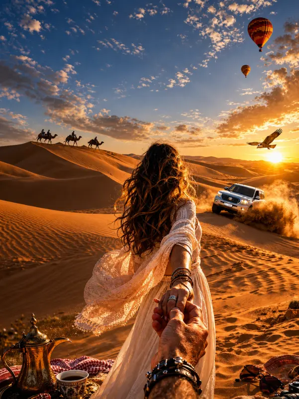 Desert sunset with adventure elements