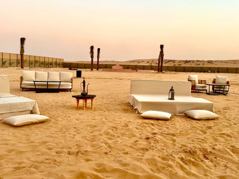 Luxury lounge seating area at Premium Red Dunes Safari desert camp Dubai