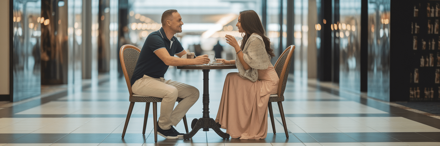 Couple resting at a Dubai Mall cafe.