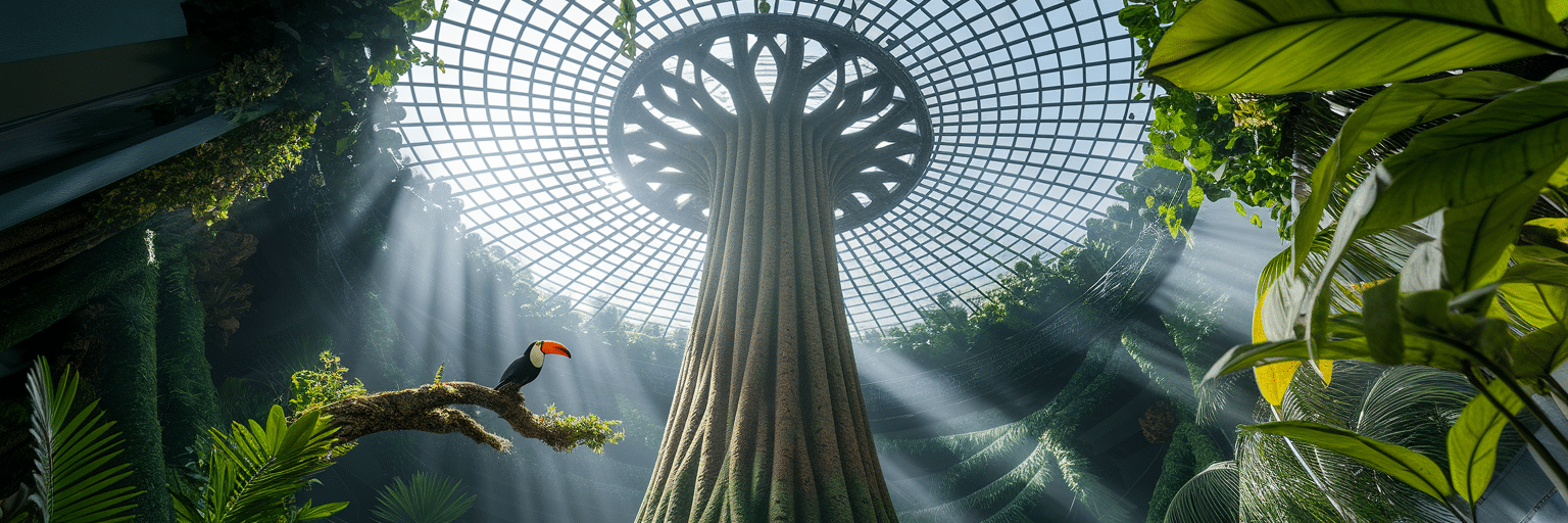 Dubai's Indoor Rainforest A Model for Sustainable Tourism 2 Low-angle view of large artificial tree in rainforest biodome.