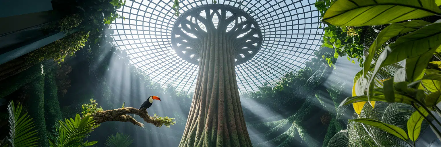 Low-angle view of large artificial tree in rainforest biodome.