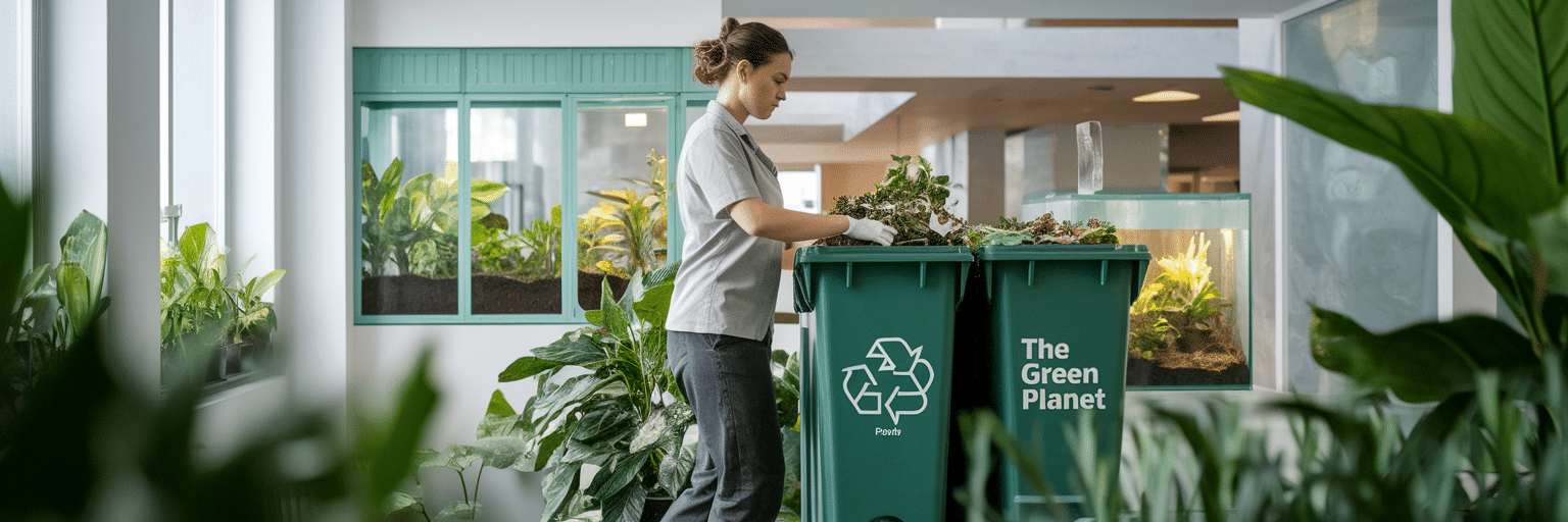 Staff member sorting organic waste for composting.
