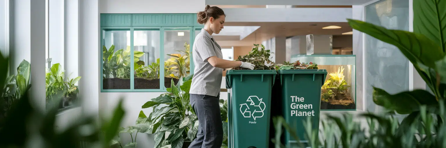 Staff member sorting organic waste for composting.