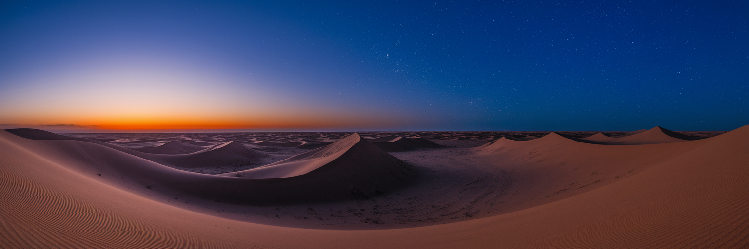 Dubai desert dunes at twilight with first stars.