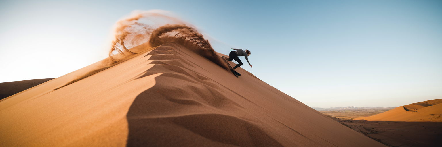 Person sandboarding down a Dubai desert dune.