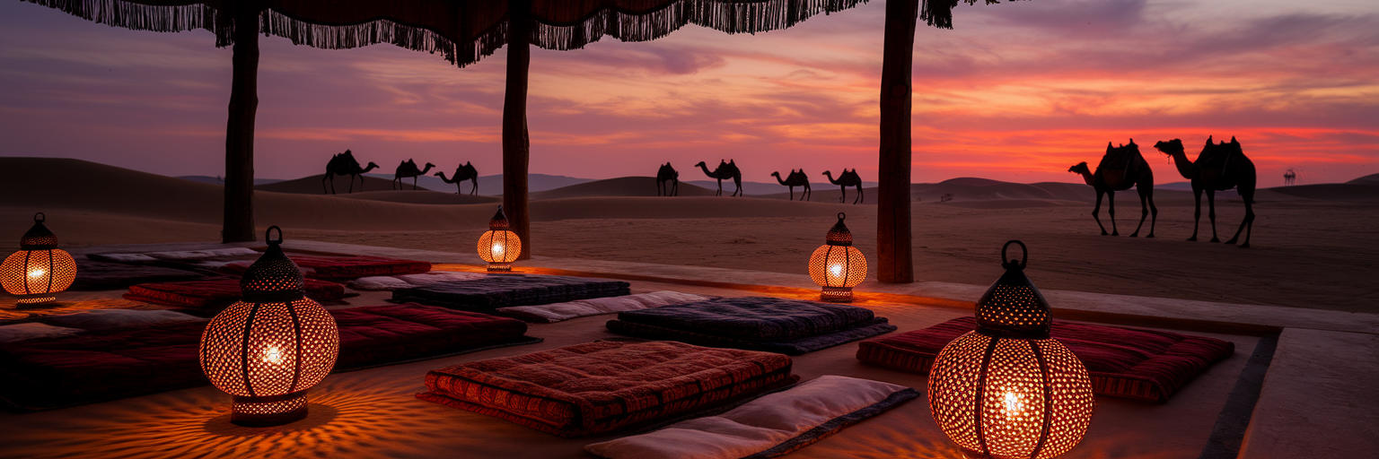 Dubai desert safari camp at sunset.