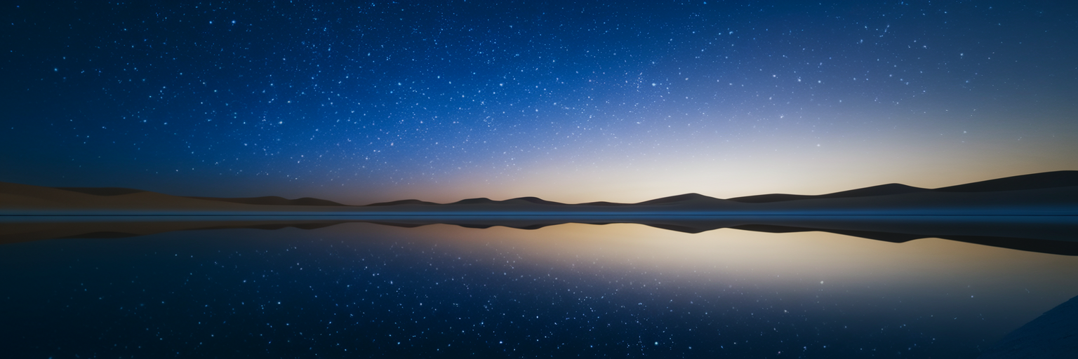 Starry sky reflected in calm Al Qudra Lakes.