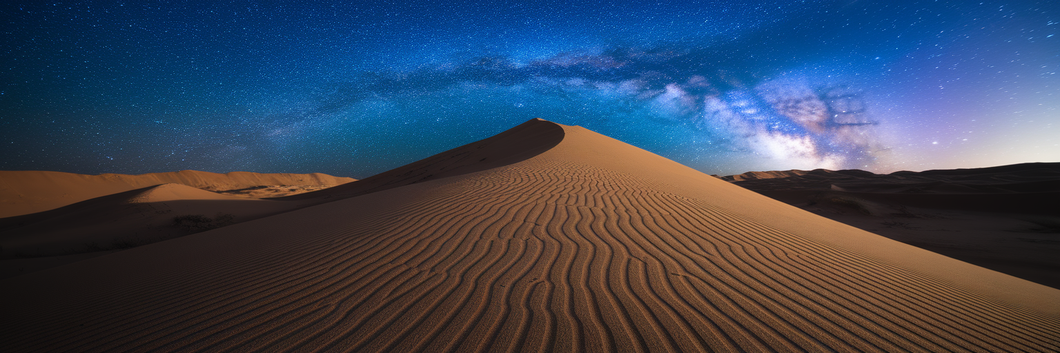 Vast Dubai desert dunes under starry night sky.