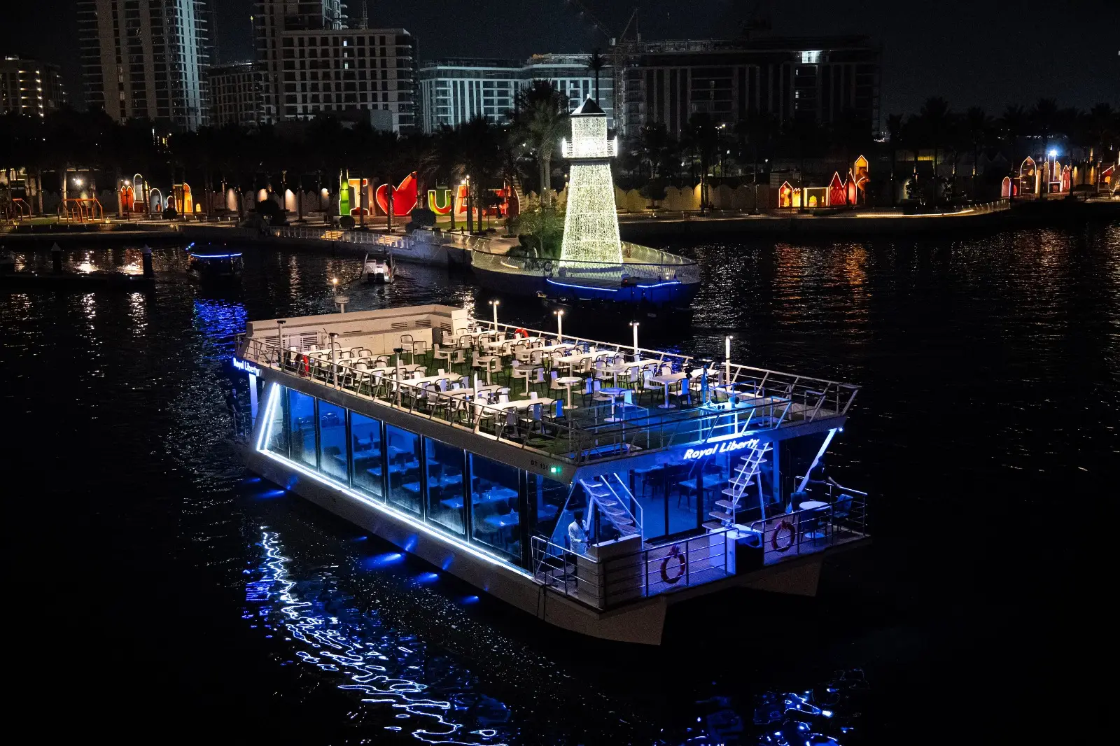 Dubai Marina Luxury Glass Cruise Boat at Night