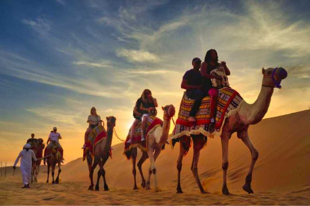 Camel riding experience in the Dubai desert during evening desert safari