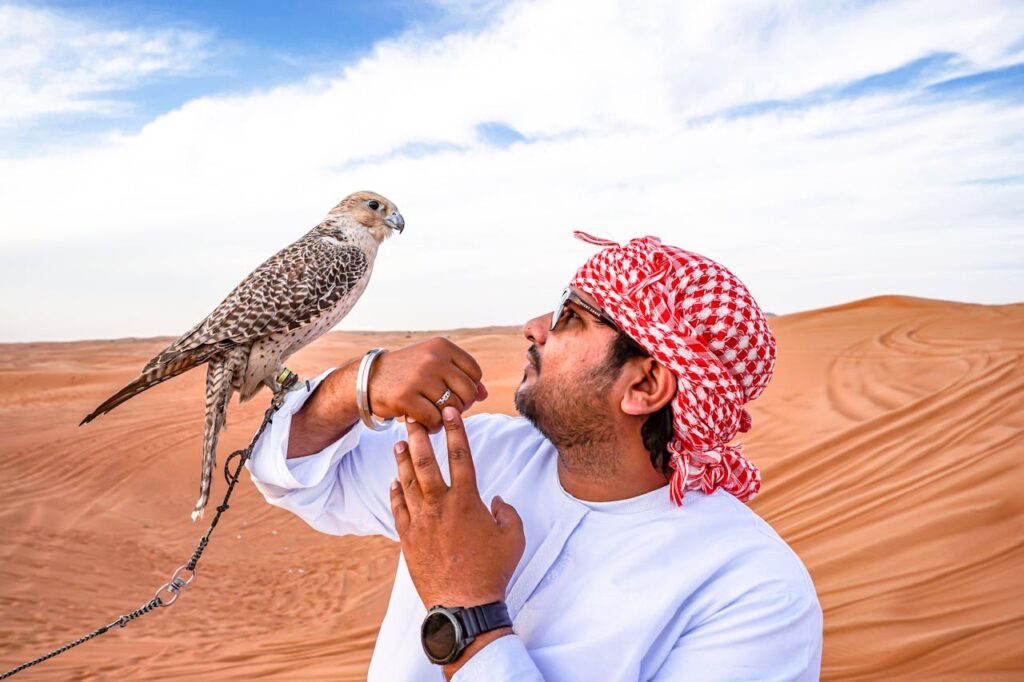 Tourists enjoying the best desert safari in Dubai on the red dunes of Al Lahbab at sunset