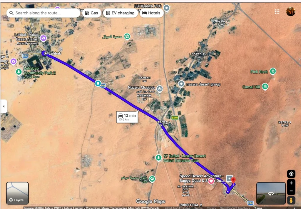 Google satellite view showing the difference between Lahbab desert and the deep red dunes near Al Badayer.
