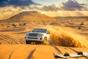 White 4x4 driving through golden dunes with sand spraying behind it, camels in the distance