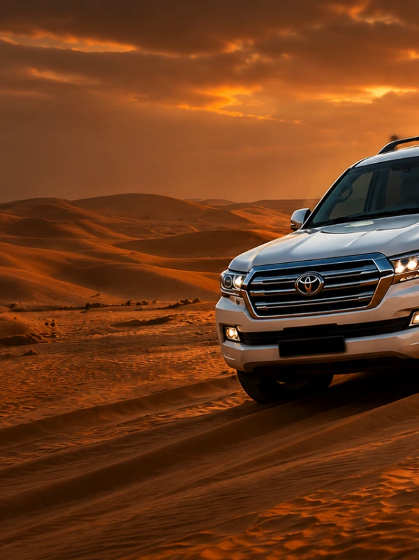 Toyota Land Cruiser dune bashing on red sand dunes during a Desert Safari Dubai