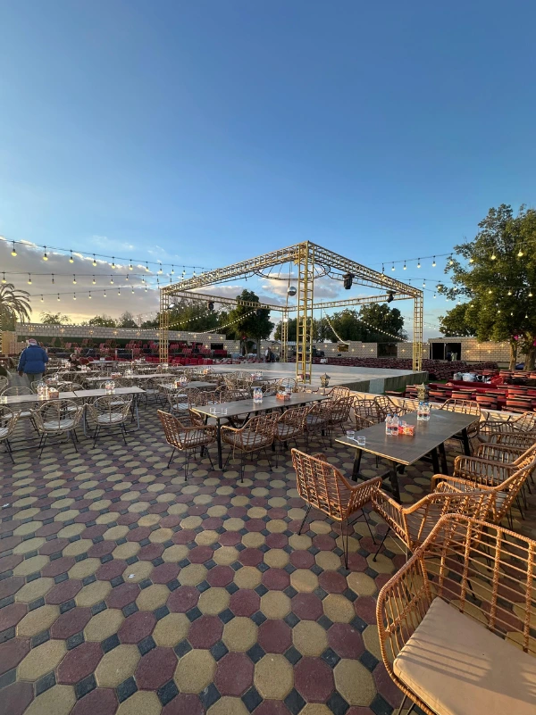 Outdoor dining and seating area at a Desert Safari Dubai BBQ camp