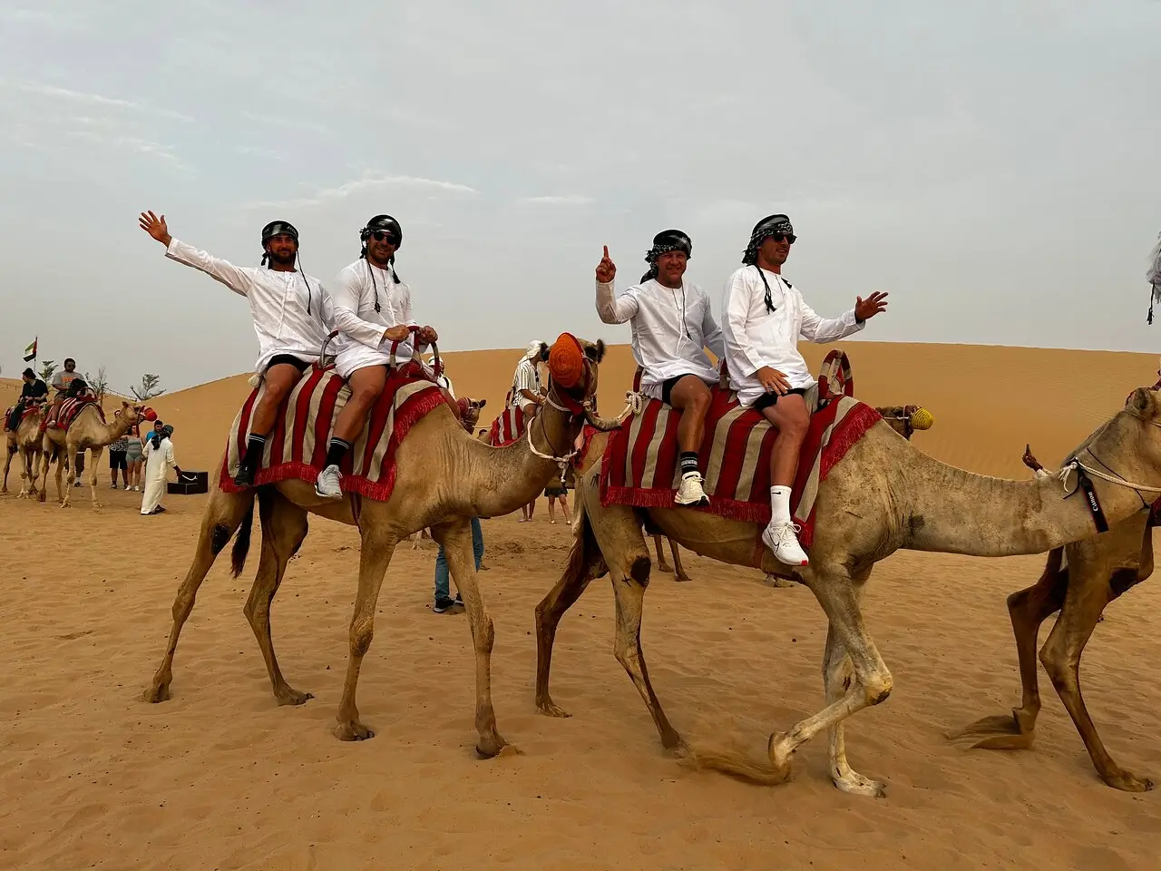 Camel safari across the Lahbab red dunes near Dubai