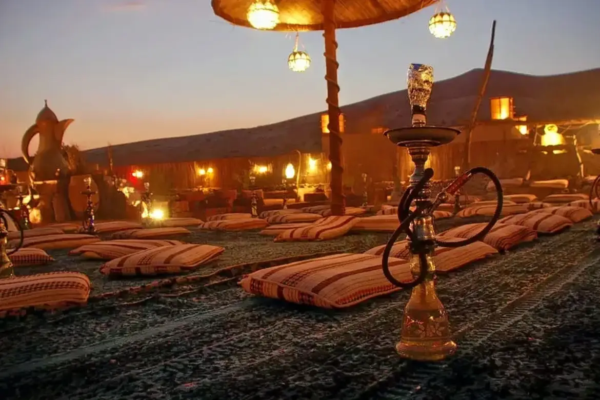 Overnight desert safari camp in Dubai lit up at night
