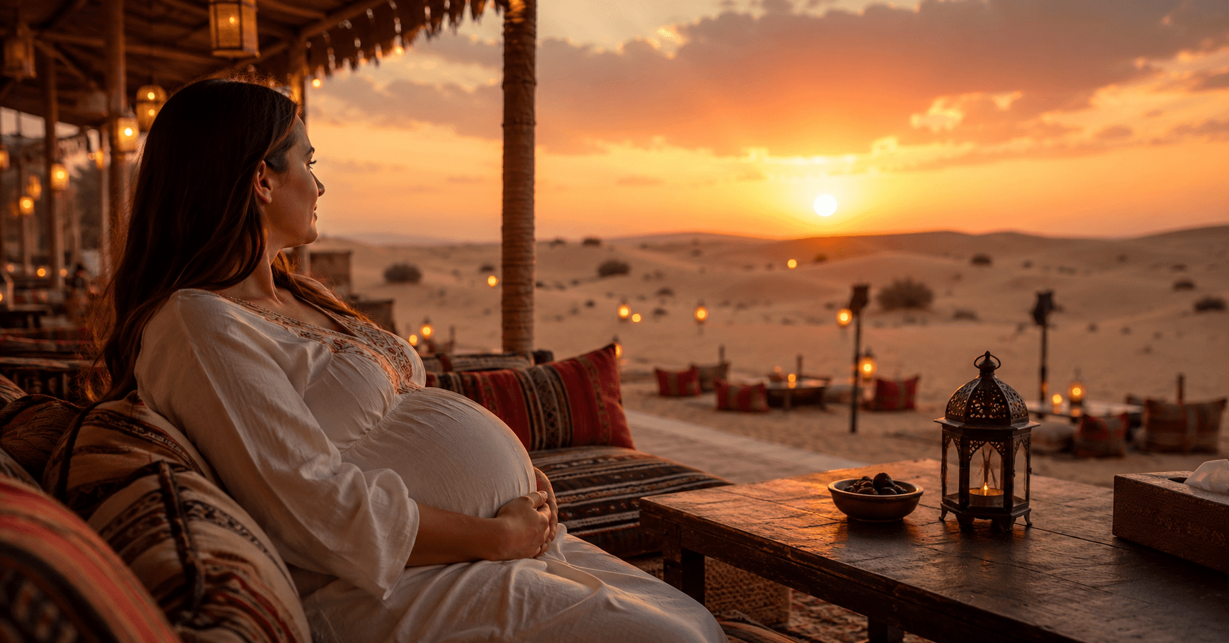 Pregnant guest relaxing at a Dubai desert safari camp during sunset