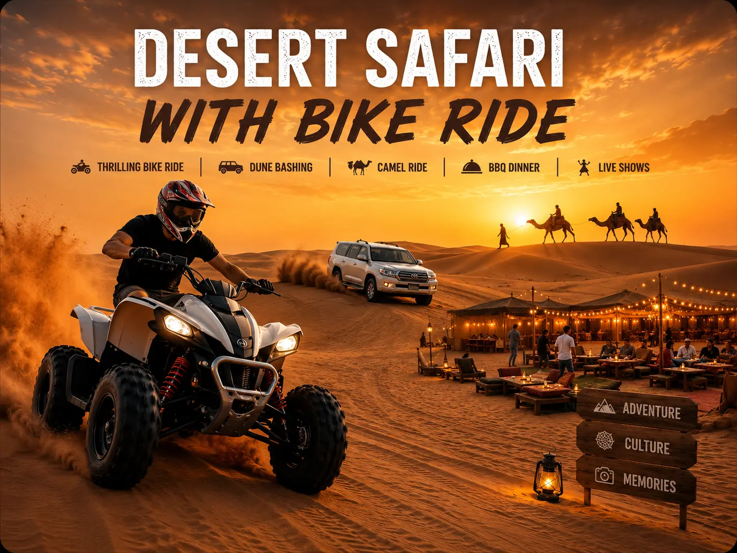 Desert Safari with Bike Ride Dubai AED 240 — self-drive quad bike across Lahbab Red Dunes plus full evening safari BBQ dinner