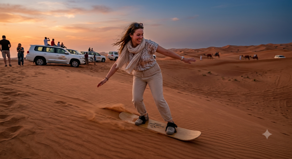 Woman sandboarding in desert sunset