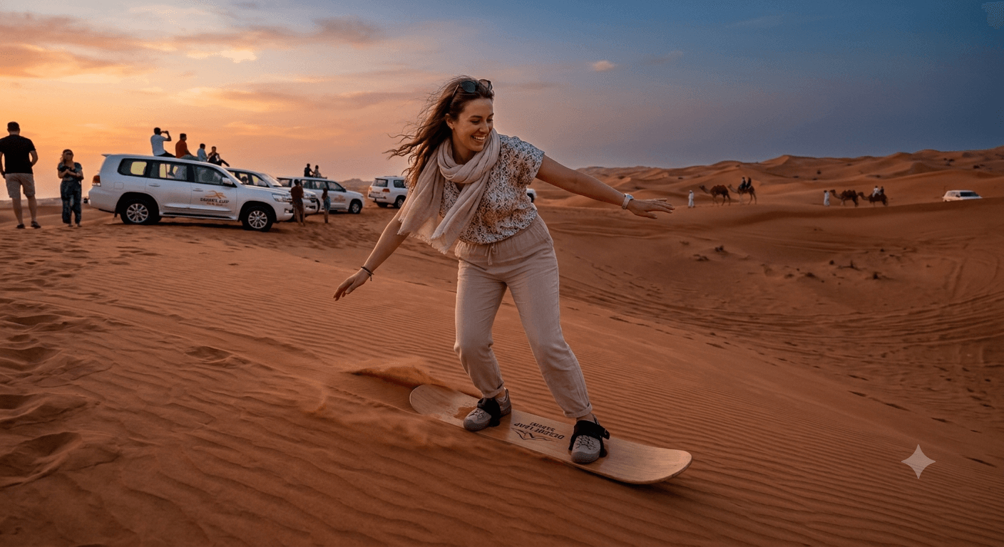 Woman sandboarding in desert sunset