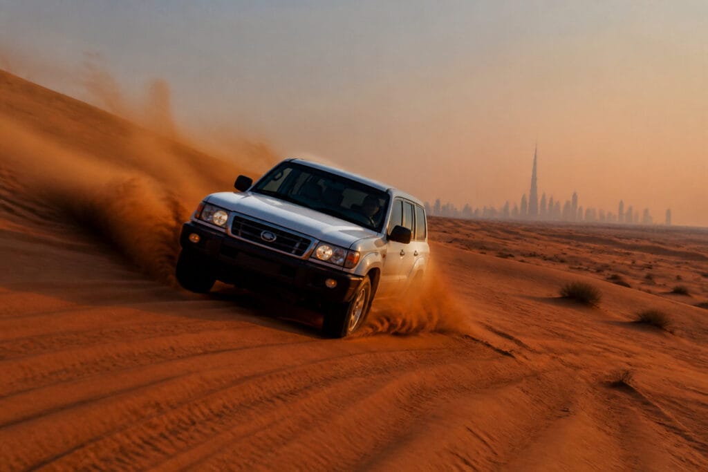 Cheap and best desert safari Dubai dune bashing at sunset in the red dunes