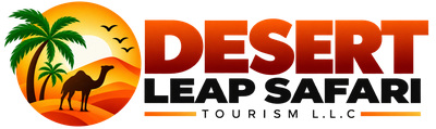 Desert Leap Safari Dubai logo with desert, camel, and palm tree icon