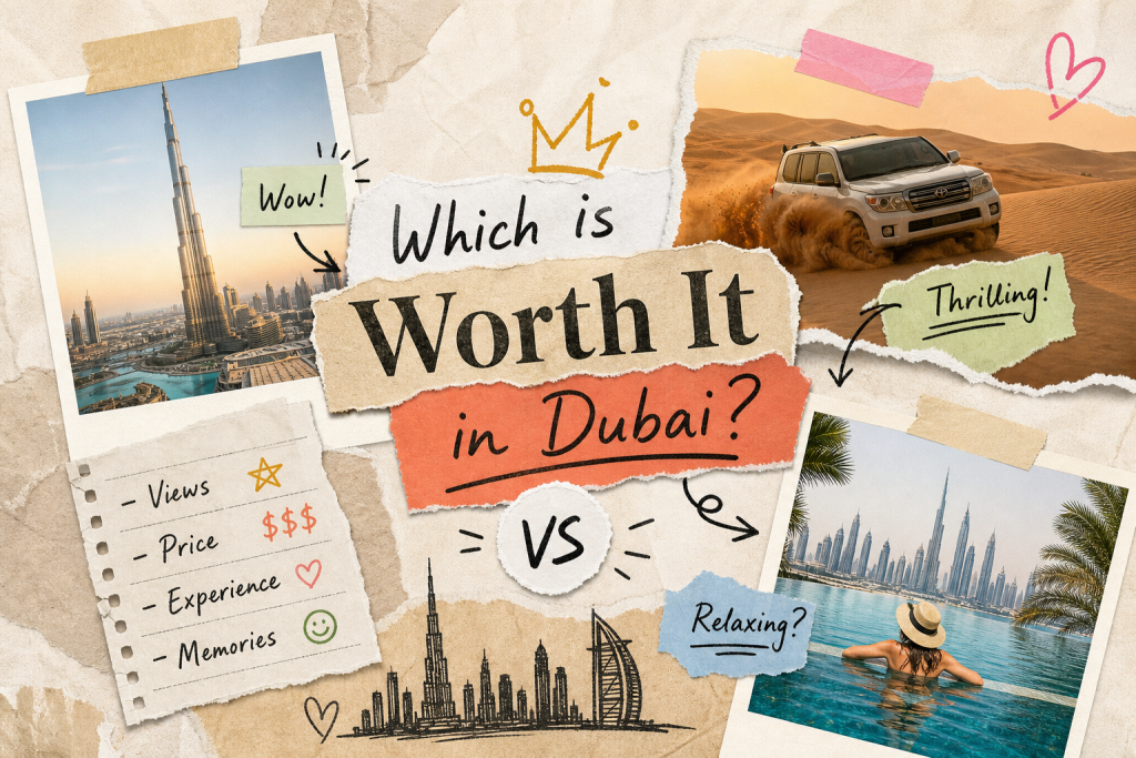 Dubai activities comparison showing desert safari, city sightseeing, and relaxing pool experiences