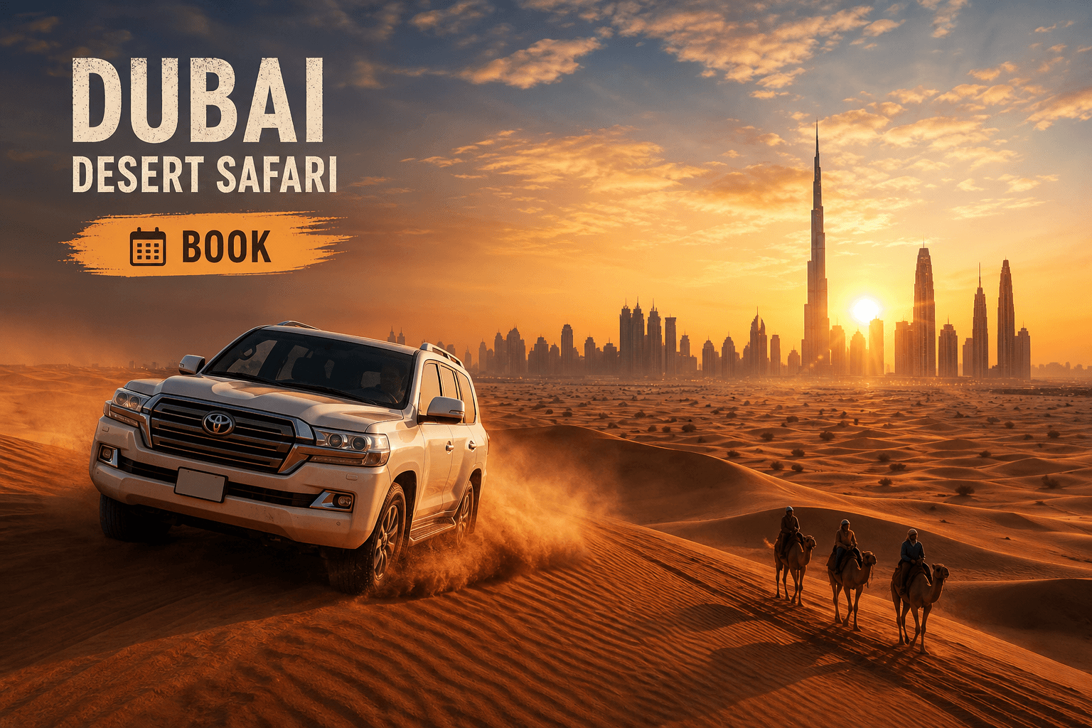 Dubai desert safari with 4x4 Land Cruiser driving over red dunes at sunset and camel riders nearby