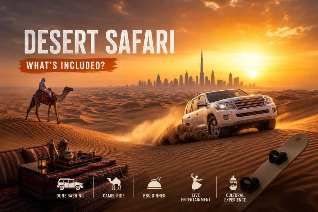 What’s included in a Dubai desert safari package, featuring dune bashing, camel ride, BBQ dinner, live entertainment, and sandboarding